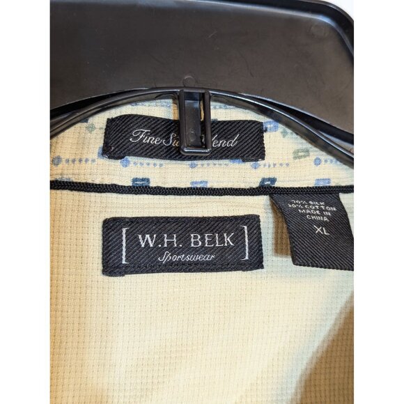 Vintage W.H. Belk Sportswear Beige & Blue Patterned Button-Up Shirt XL Silk Blen - Picture 3 of 6